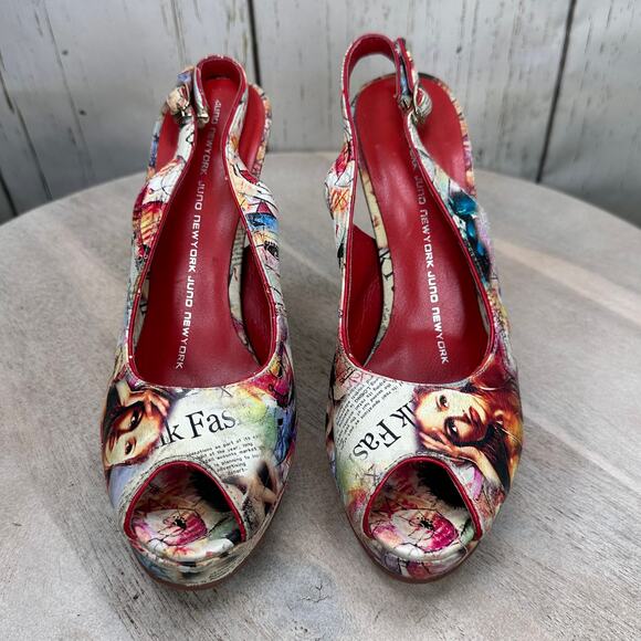 Newsprint Platform Peep Toe Womens Heels Red Retro Slingbacks Size 38 EU - Picture 4 of 15